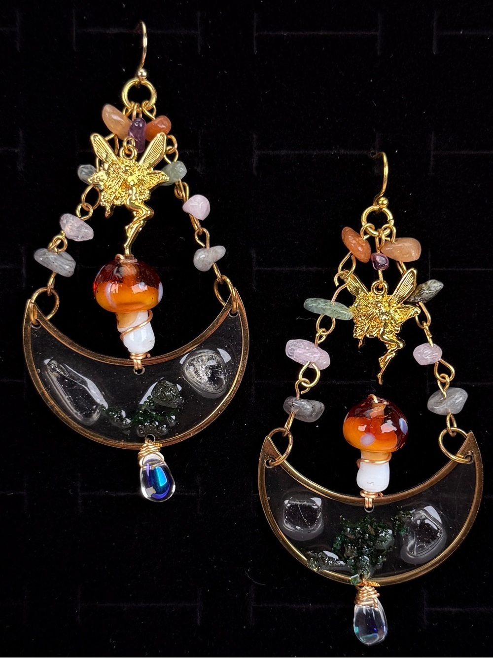 Goldtone Fairy Charm Moon Earrings with Multicolor Gem Stones pierced earrings